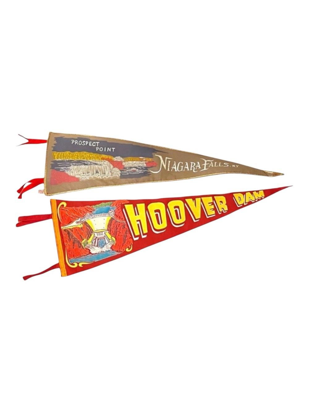 Vintage Felt Niagara Falls & Hoover Dam Souvenir Pennant  - Red, Gray